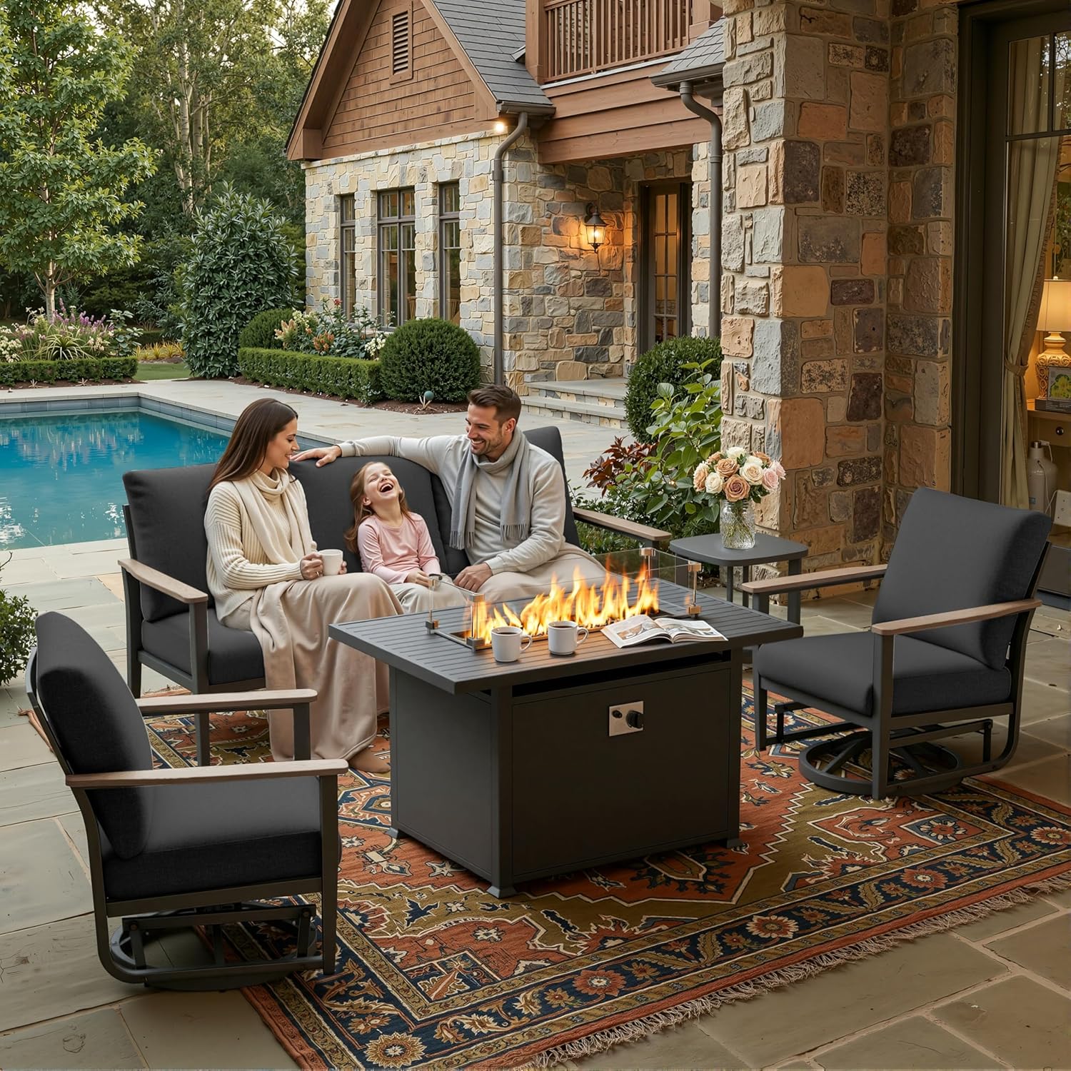 5pc Aluminum Patio Set Swivel  - Outdoor Furniture Fire Pit ulasan dan harga
